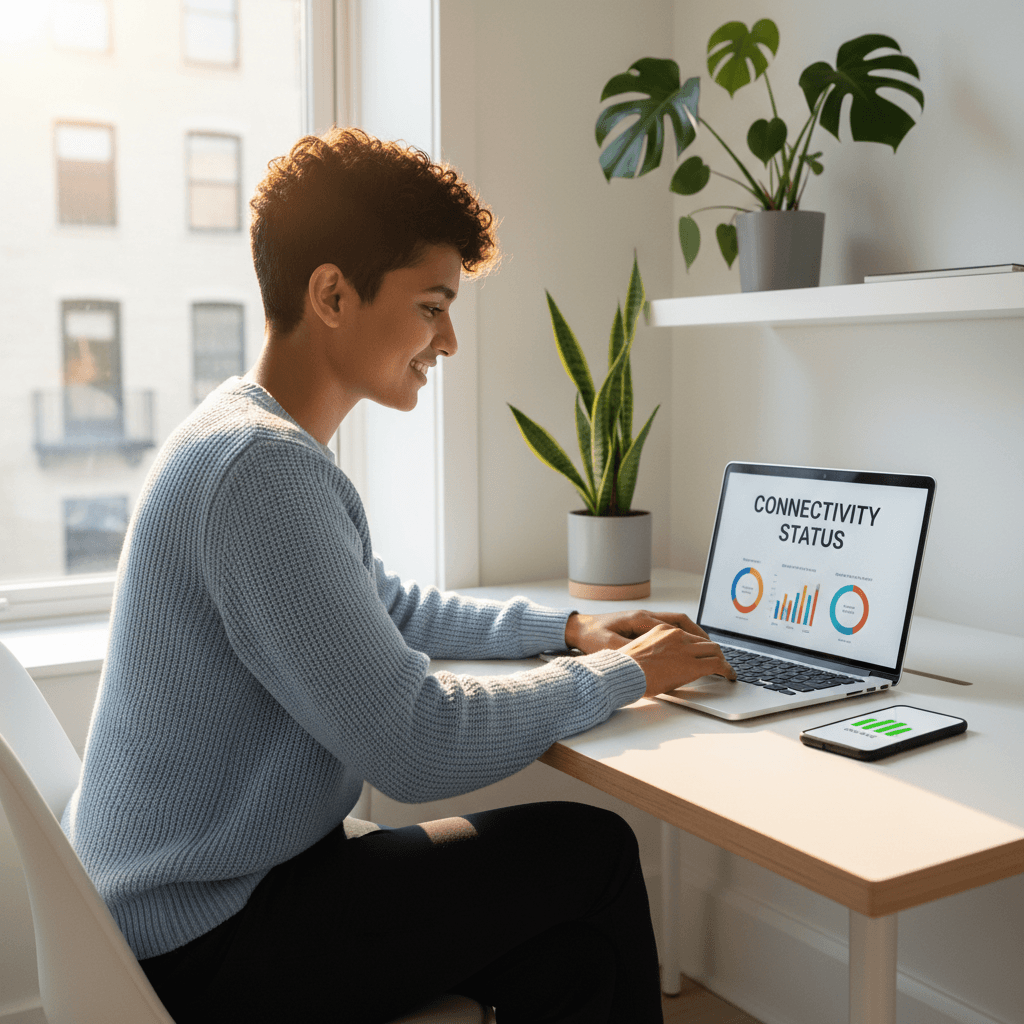 Persona sonriente trabajando en una laptop con gráficos de conectividad en un escritorio luminoso.
