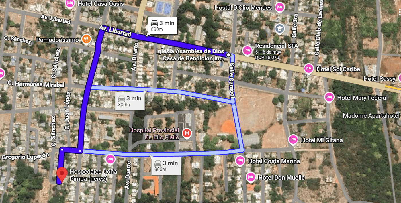 Mapa de Google Maps con rutas azules resaltadas indicando trayectos hacia Hospedajes Doña Pimpa.